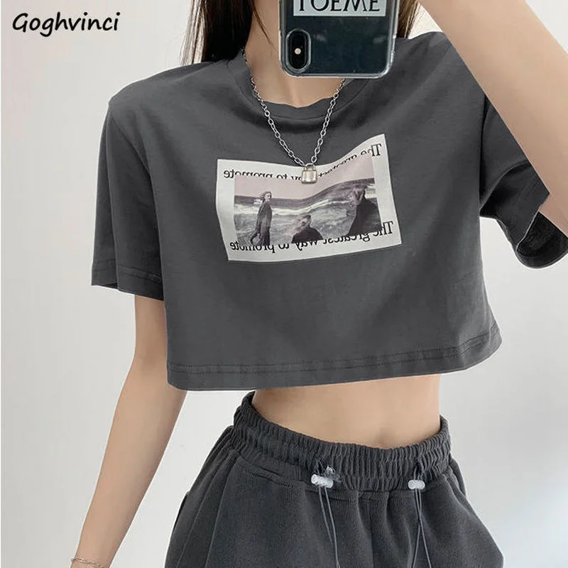 Western Style Print T-shirts Women Loose Short Sleeve Preppy Cropped T Shirt Students Slim Navel Cotton Tees Hip-pop Street Wear