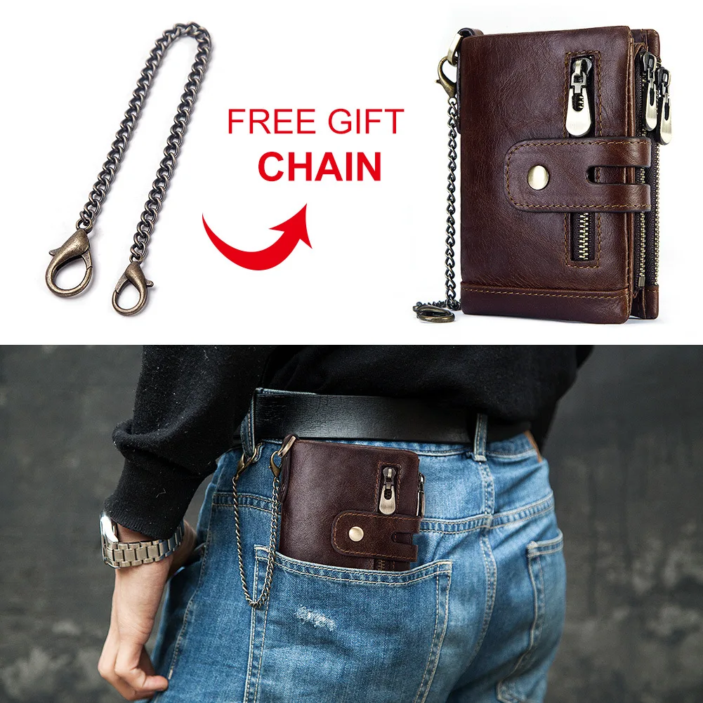 New 2019 RFID Anti-theft Brush Chain Wallet Three-layer Multi-Card Crazy Horse Leather Men's Leather Wallet Coin Purse