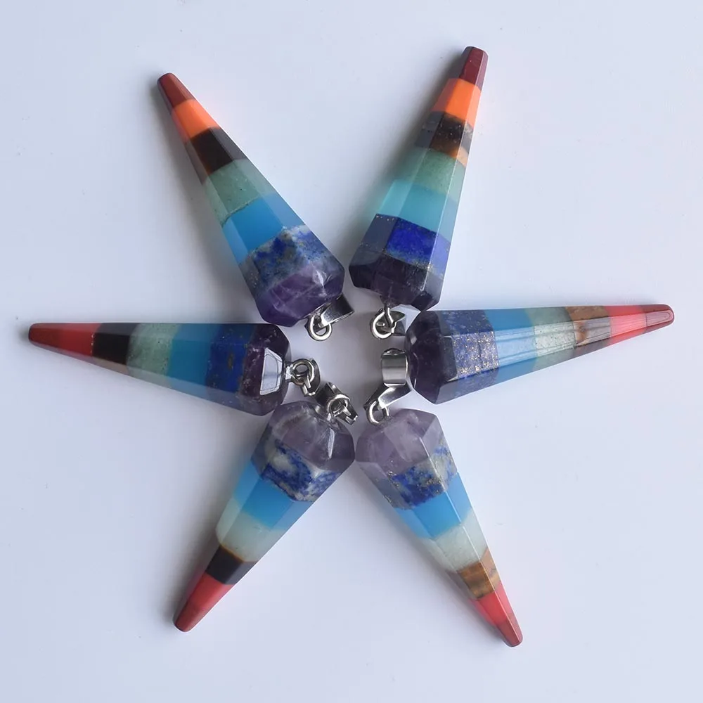 wholesale 6pcs/lot Fashion 7 Chakra Layered Purple Crystal Tiger eye stone Hexagonal pyramid shape pendants for jewelry making