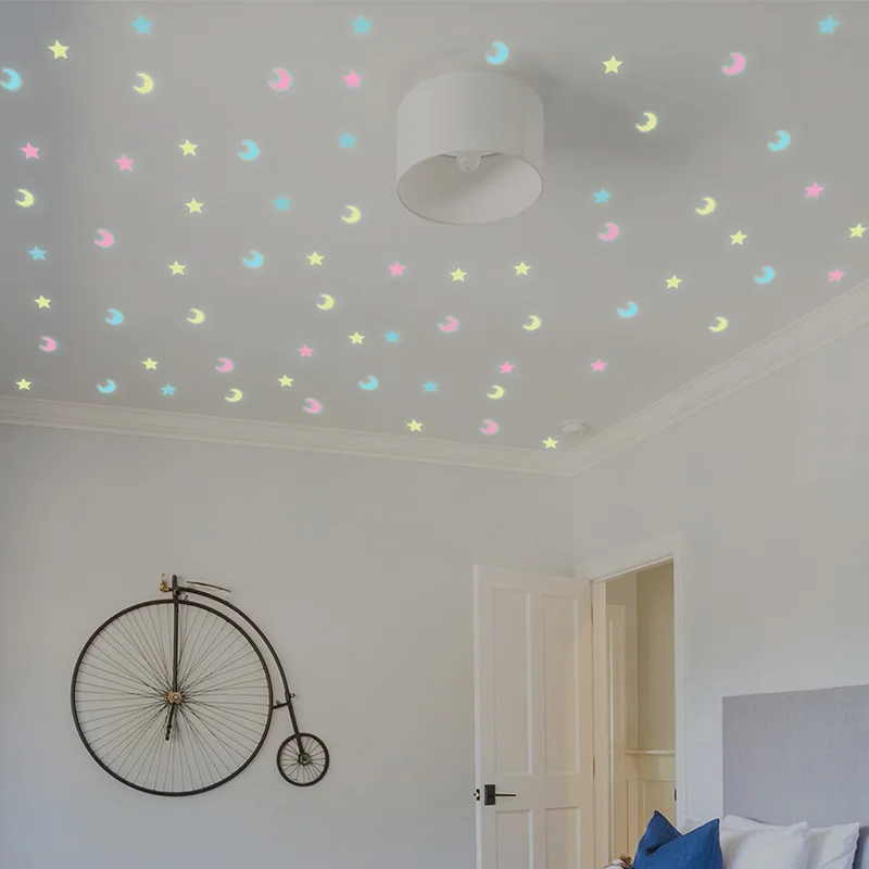 100Pcs Luminous Mixed Color Star Moon 3D Wall Sticker Kids Baby Rooms Living Room Glow In The Dark Home Decorations Stickers