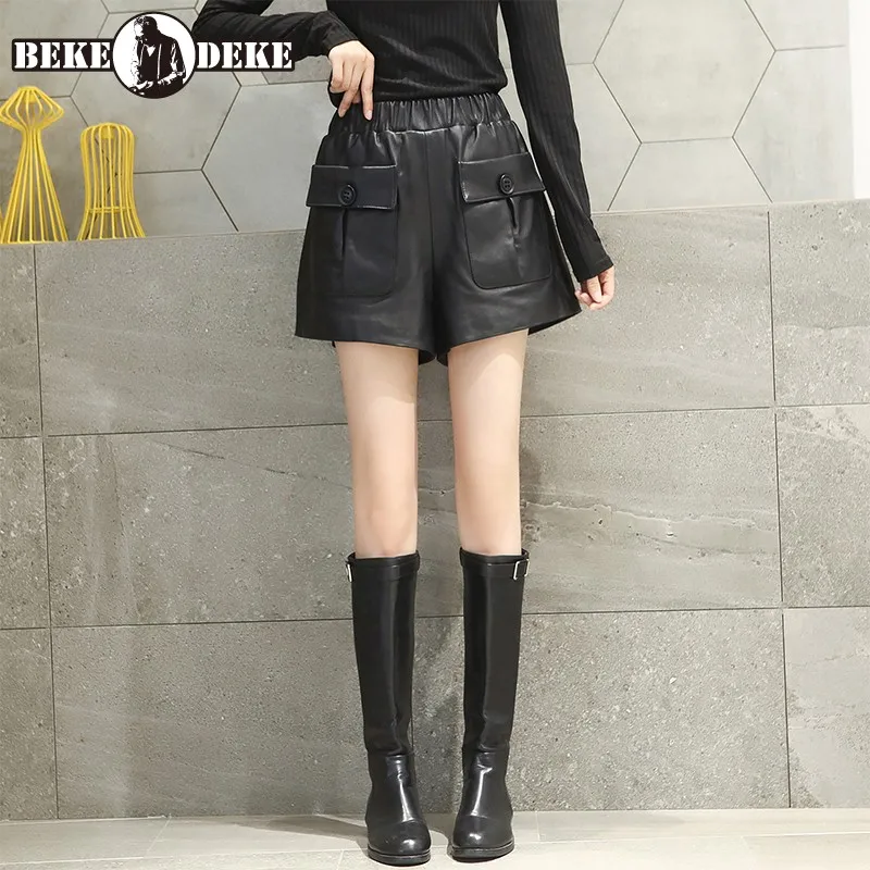 100% Sheepskin Casual Wide Leg Shorts Women Street Loose High Waist Real Leather Shorts Autumn New Minimalist Shorts