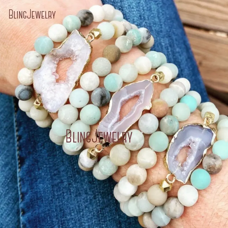 

Agates Druzy Geode Bracelet Amazonite Wrap Stretch Beaded Stacking s BM33761