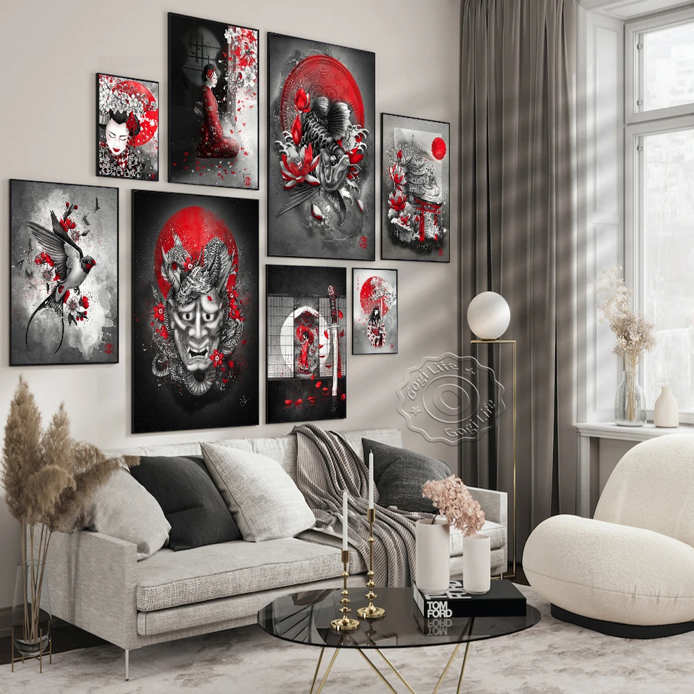 

Japanese Red Black Watercolour Vintage Canvas Painting Poster, Japan Bonsa Bushido Samurai Geisha Art Prints, Home Decor Prints