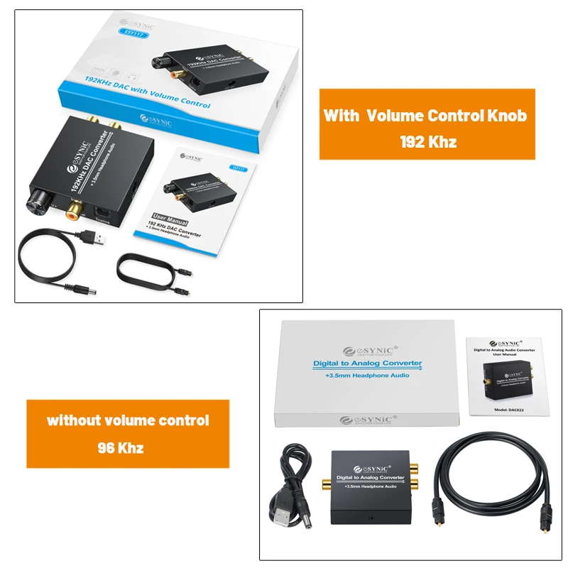ESYNiC 192KHz/96KHz DAC Converter Digital Coaxial SPDIF Toslink RCA R/L 3.5มม.หูฟังอะแดปเตอร์เสียง