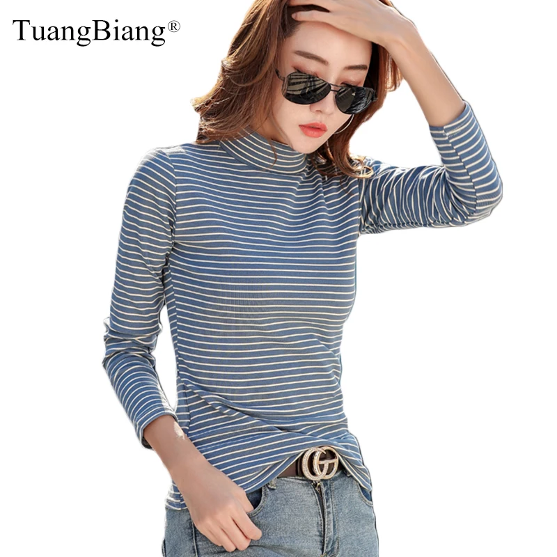 2021 Winter Thicken Turtleneck Keep Warm T shirt Women Long Sleeve Casual Black White striped T shirt Cotton Cashmere Thick Tops