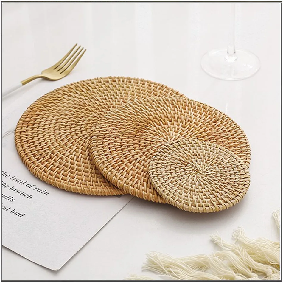 Round Japanese thermal insulation table mat household table mat rattan anti scalding woven tea cup mat bowl Pan Pan mat