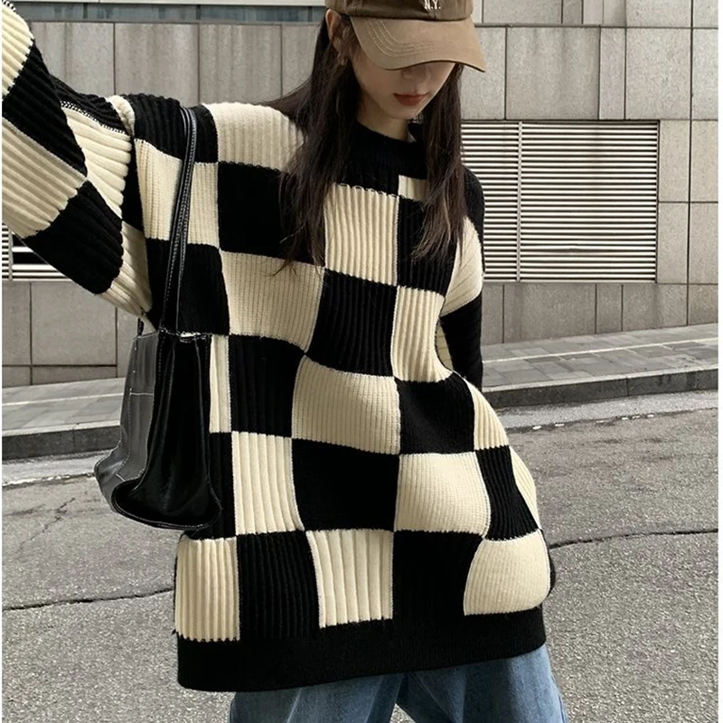 Pullover scozzesi bianchi neri Vintage donna Streetwear stile coreano allentato quotidiano accogliente maglioni Harajuku dolce ragazza fresca moda