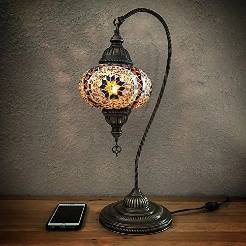 LaModaHome Moroccan Mosaic Glass lamp, Swan Neck Turkish Moroccan Mosaic Glass lamp 7 ''1 Ball, bedside Lamp Light with Brass Ba