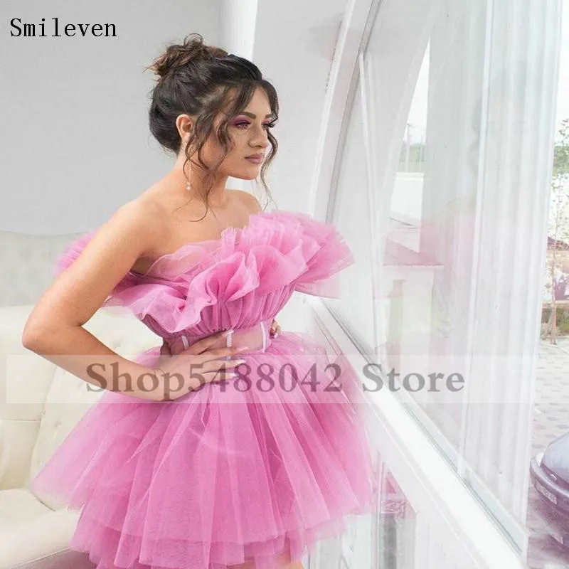 Smileven Hoge Lage Prom Jurken Vestido De Festa China Roze Formele Gowns Unieke Tiered Tulle Rok Formele Partij Jassen