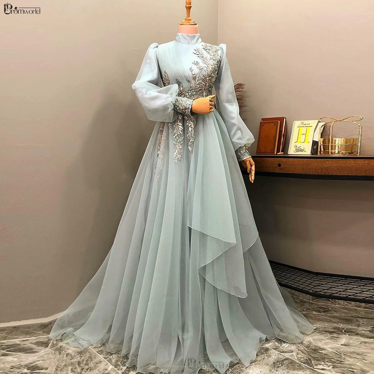 High Neck Muslim Evening Gowns for Women Formal Dress Elegant Dubai A-Line Lace Beads Tulle Long Sleeves Prom Dresses Plus Size