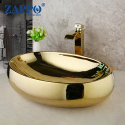 ZAPPO 23 Inch Bathroom Vessel Sink Gold Ceramic Sink Bowl Above Counter Oval Bathroom Sink with Waterfall Faucet Drain Combo