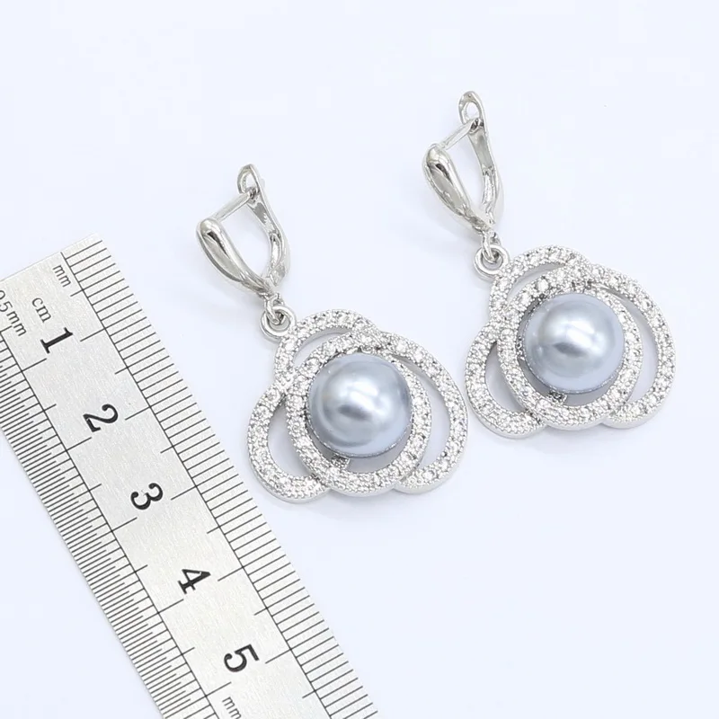 3 Colors Pearl 925 Silver Wedding Jewelry Set for Women White Gray Pink Earrings Necklace Pendant Ring Gift Box