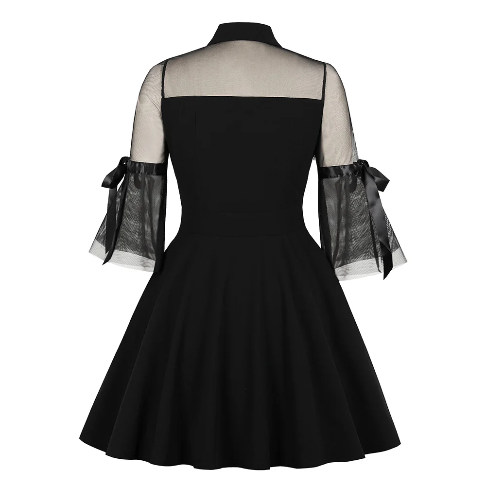 Rosetic-Vestido corto gótico para mujer, Sexy minivestido de retales de malla negra, transparente, manga acampanada, drapeado, elegante, para fiesta de los años 50 y 60