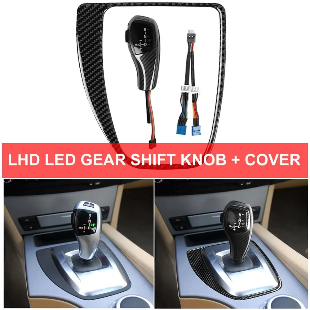 LHD LED Gear Shift Shifter Knob Automatic Lever Carbon Fiber Cover Trim For BMW 5-series E60 Pre-facelift 2003-2007 Car Styling