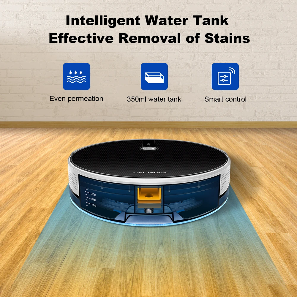 LIECTROUX Robotic Vacuum Cleaner C30B, 6000Pa Suction,2D Map Navigation,Memory, Map Shown on WiFi App,350ml Electric Water Tank