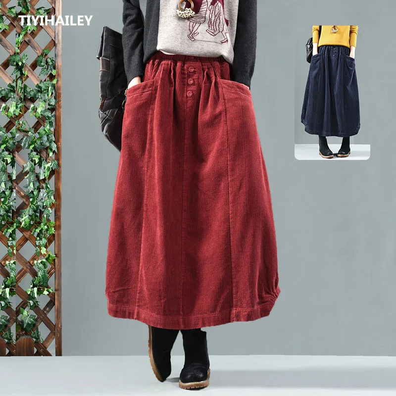 TIYIHAILEY Free Shipping Long Maxi Women Elastic Waist Spring Autumn Cotton Corduroy Casual Skirts A-Line Pockets Red Brown