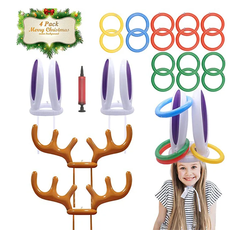 21Pcs Inflatable Santa Funny Reindeer Antler Deer Head Hat Ring Toss Christmas  Easter Game Kid Gift Toys Birhday Party Supplies