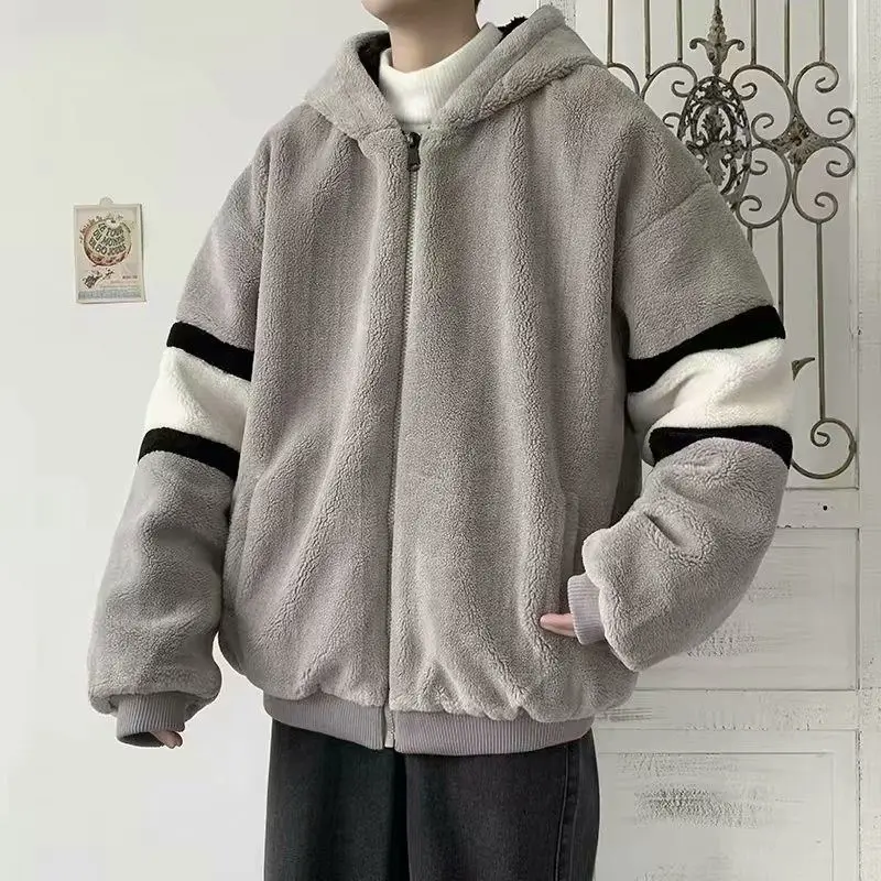 Abrigo de lana de cordero para hombre, sudadera gruesa con costura Harajuku, verde albaricoque, mantiene el calor, con cremallera, novedad de invierno, 2021