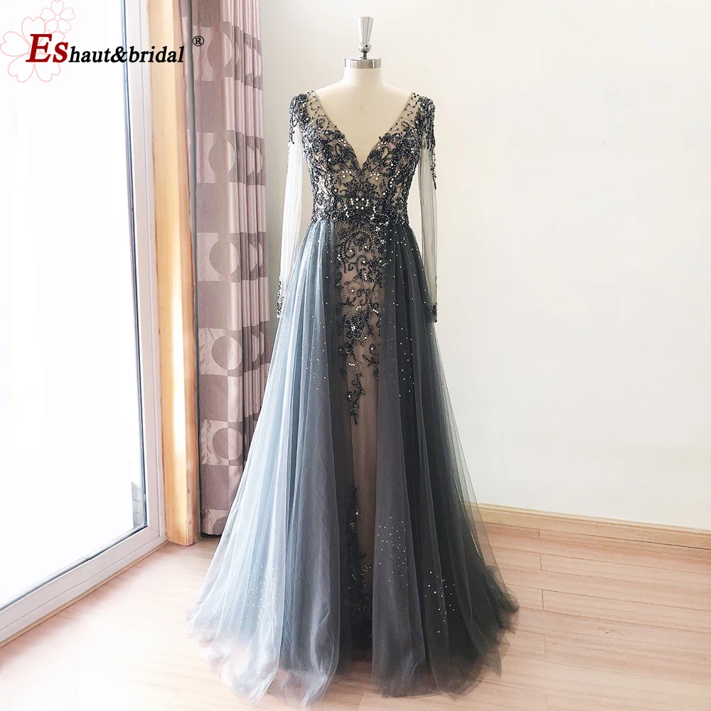 Elegant Mermaid Evening Dress for Women 2024 Long Sleeves V Neck Luxury Crystal Tulle Formal Prom Wedding Party Gowns Customized