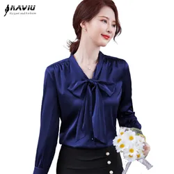 Bow Shirt Women Design 2022 New Autumn Silk Acetate Long Sleeve High End Formal Blouses Office Ladies Elegant Work Tops