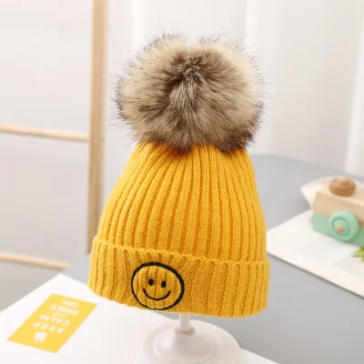 Big Fur Pom pom smile Beanie Hats Kids Girls Boys Warm Knitted smile Winter Hat Baby Fur pompom Beanies Cap