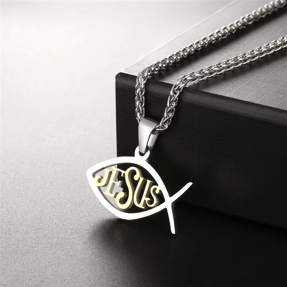 

Gift Christian Fish Necklace Religious Jewelry Stainless Steel/14K Gold Plated Jesus Ichthus Pendant Necklaces CP511