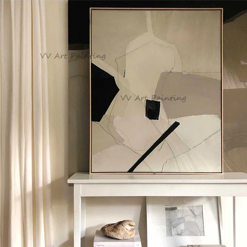 Hand-Painted Palette Knife Oil Painting, Neutral Beige Line Abstract Textured Canvas Wall Art, Wabi-Sabi Living Room Decor