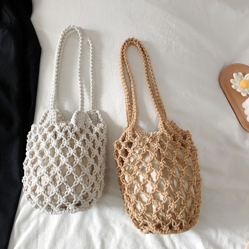 Casual Hollow Straw Bag Rope Woven Women Shoulder Bags Handmade Lady Handbags Summer Beach Small Tote Fishnet Purses 2021