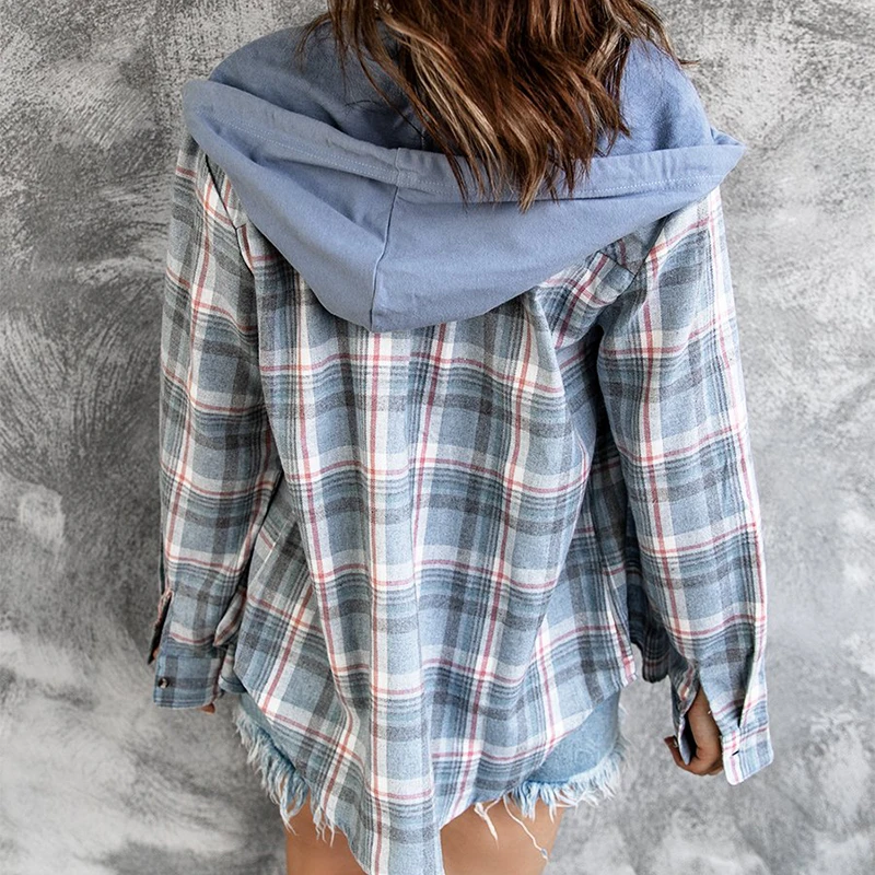 Yangelo 2021 Autumn Winter Street New Design Hooded Loose Women's Plaid Coat Cottagecore Girl Cardigan Shirt Button Tops