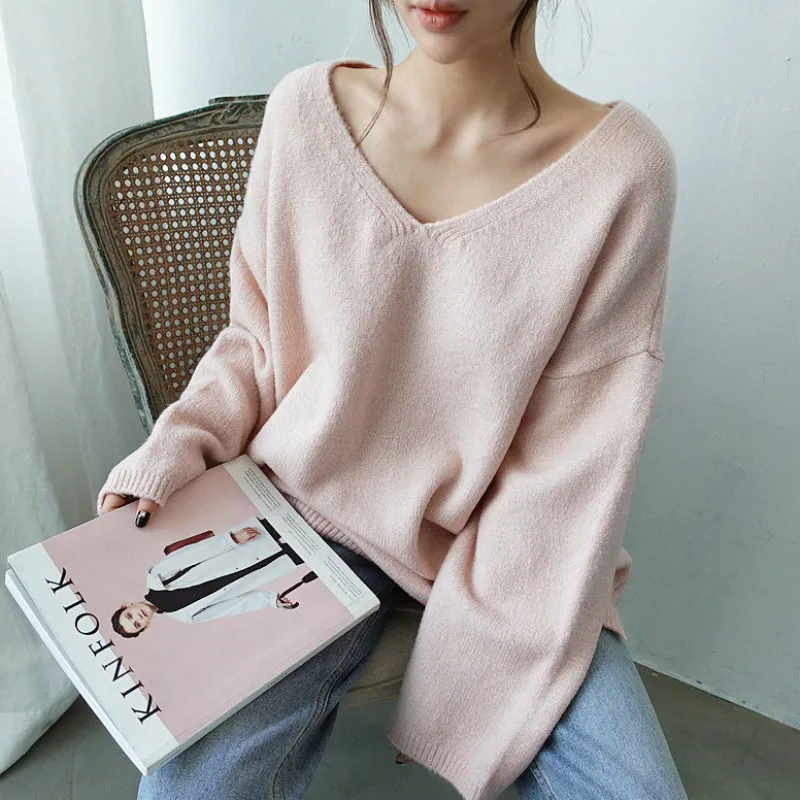 Women Autumn Oversized V Neck Full Sleeve Cozy Cashmere Sweater Loose Knitted Pullovers Solid Color Casual Jumpers