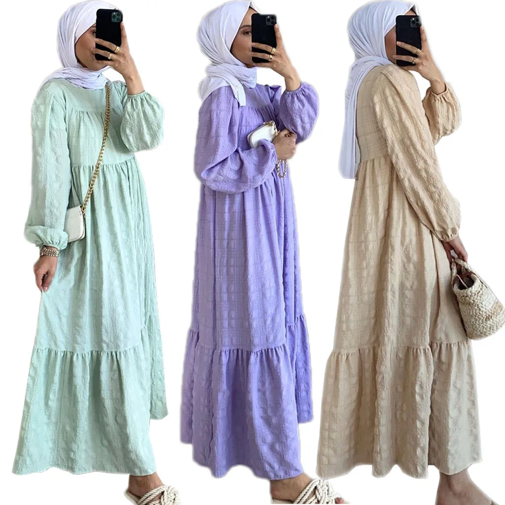 

Dubai Turkish Casual Loose Women Long Dress Solid Color Muslim Arab Abaya Long Sleeve Maxi Robe Gown Middle East Ramadan Islamic