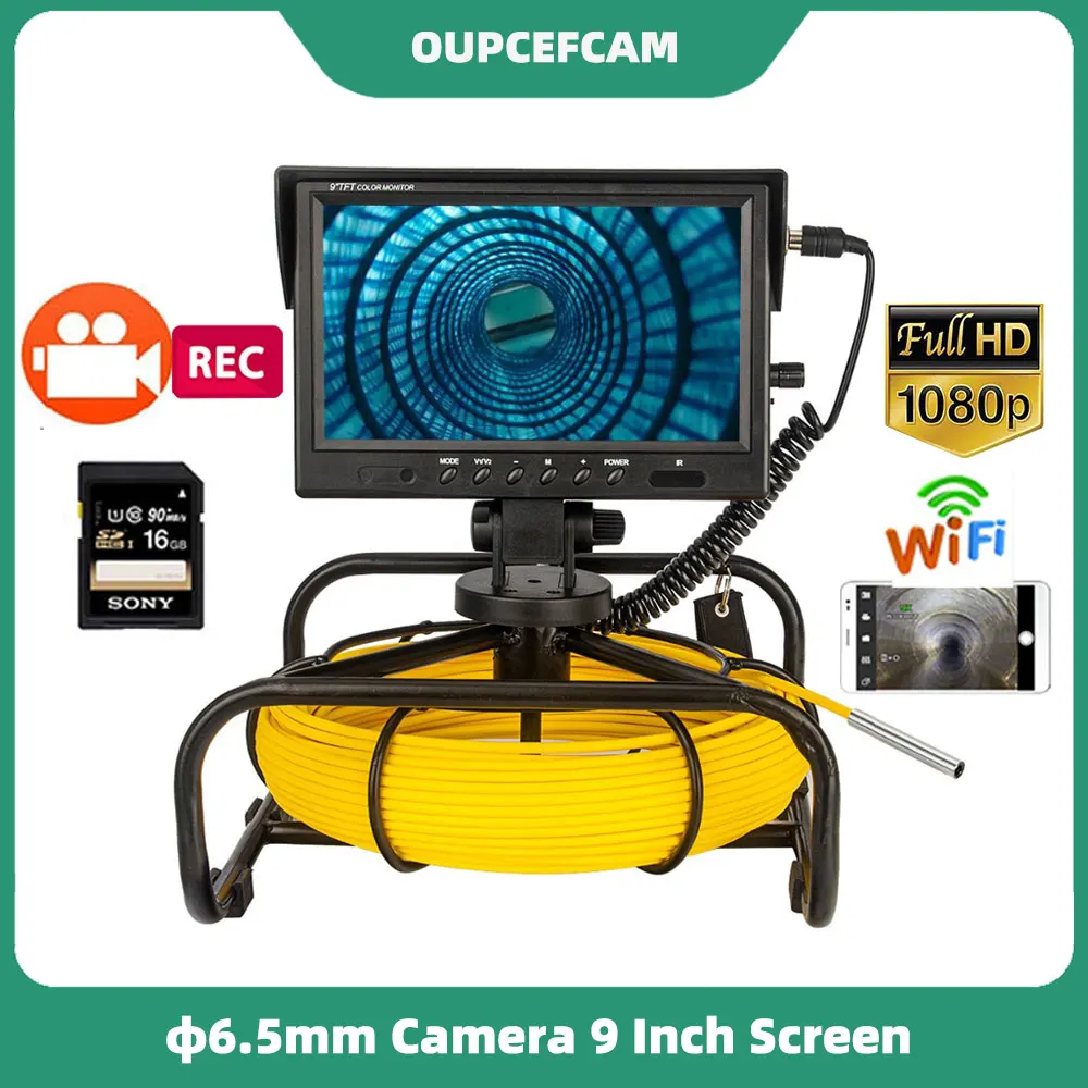 

9 Inch HD Monitor 6.5mm Camera Drain Sewer Pipe Inspection Endoscope DVR 5mm Fiberglass Cable WIif Hotsport WP9604C