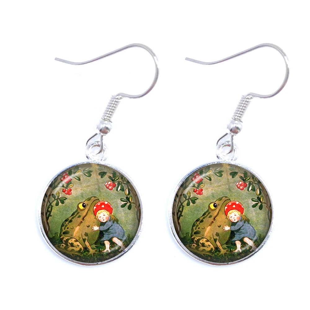 New Handcraft Frog Fairy Tale  Accessories Jewelry 16mm Glass Cabochon Drop Earrings Jewelry For Women Girls Birthday Gift