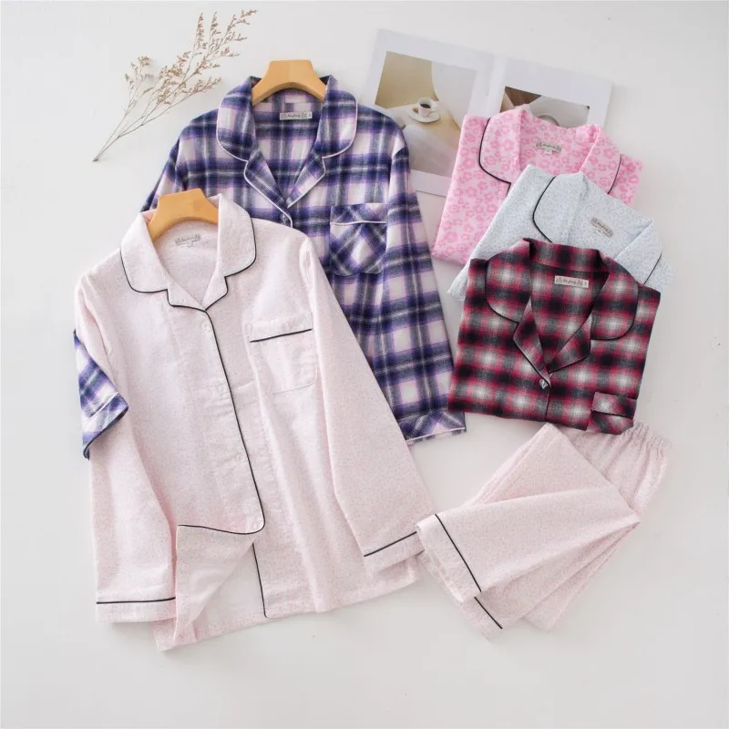 Mùa Xuân, Mùa Thu 2022 Nữ Kẻ Sọc Pyjama Bộ Nữ 100% Cotton Đồ Ngủ Phù Hợp Với Tay Dài Cổ Bẻ Sơ Mi & Quần