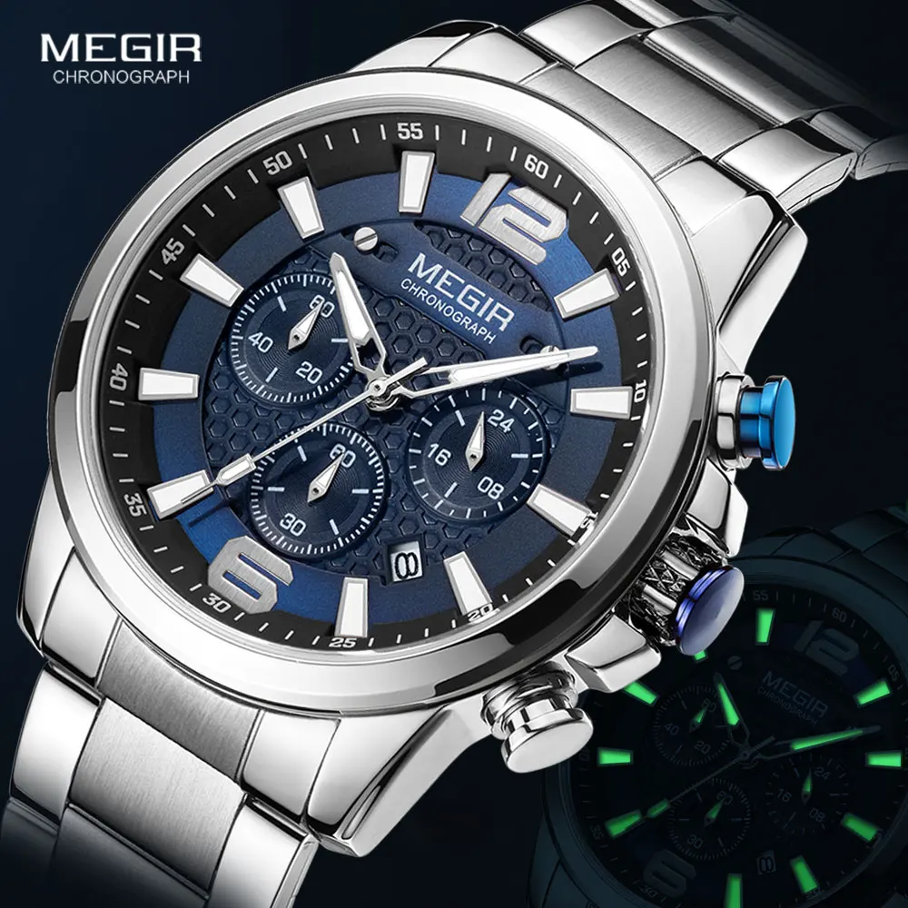 

MEGIR 2020 Luxury Watches Men Top Brand Stainless Steel Waterproof Luminous Wristwatch Blue Sports Chronograph Quartz Watch Man