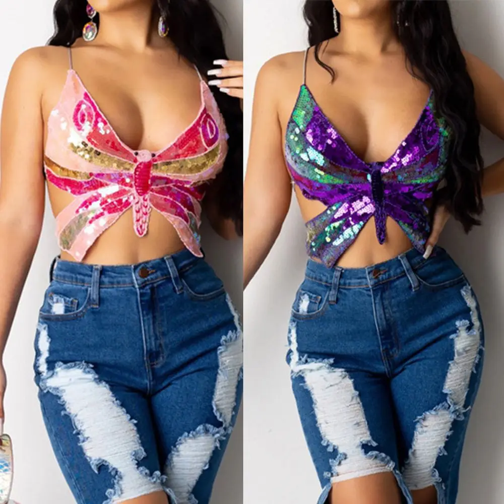 Women Sexy Tube Top Underwear Female Summer Camisole Top Suspenders Butterfly Sequins Women Tank Top Women Clothing Crop Top