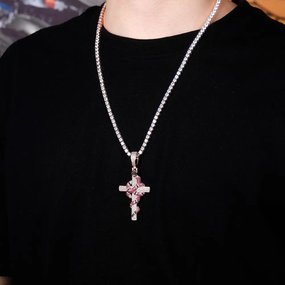 TOPGRILLZ New Snake Winding Cross Pendant Necklace Iced Out Cubic Zirconia Pendant Christmas Halloween Hip Hop Jewelry Gifts