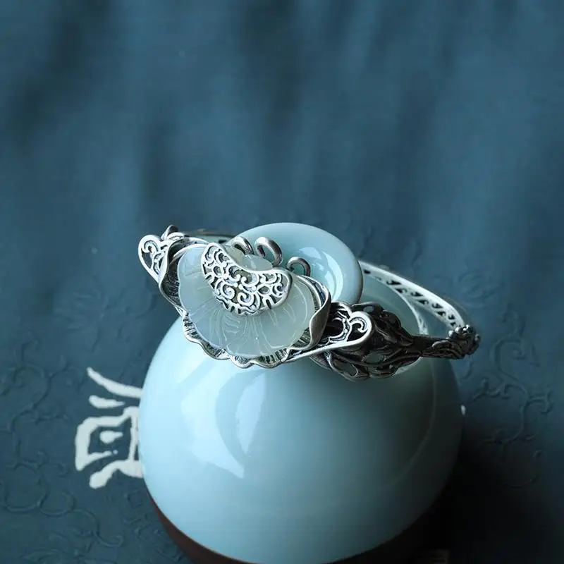 Designer original new and old handmade butterfly silver inlaid Ruyi Hetian jade open bracelet retro ladies jewelry