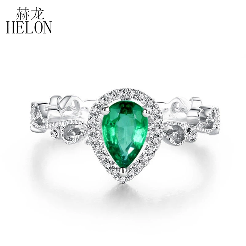 HELON Solid 18K White Gold Pear cut 5X7mm Genuine Tsavorite Ring Real Diamonds Ring Women Engagement Wedding Gemstone Jewelry