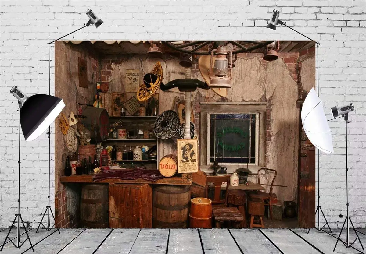 Cowboy Inside Replica of Wild West Saloon Photography Backdrop for Photoshoot Birthday Party Decoration Photo Background Props