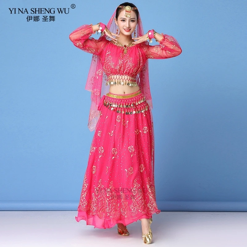 Adult Bollywood Dress Costume Women Indian Dance Sari Belly Dance Outfit Performance Clothes Chiffon Long Sleeve Top Belt Skirt