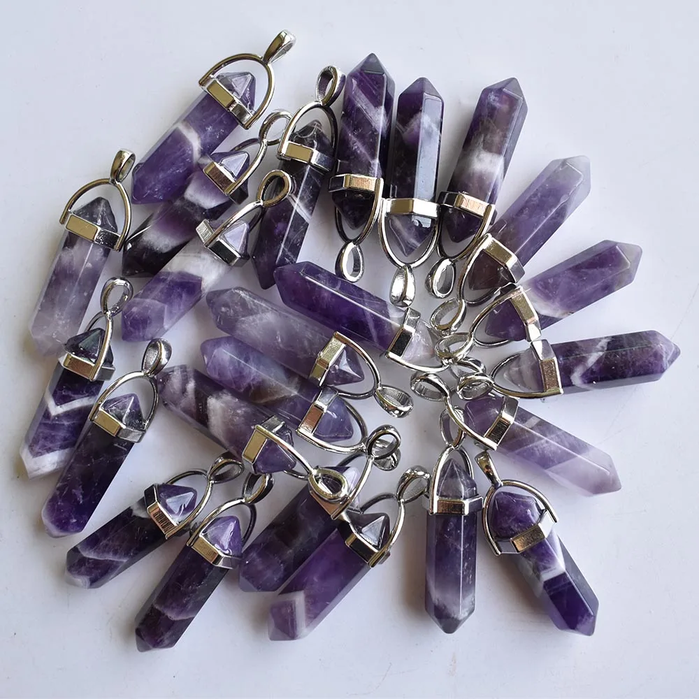 Modische, hochwertige Naturstein-Streifen-Amethyst-Säulenanhänger für die Schmuckherstellung, 24 Stück/Lot, Großhandel, kostenloser Versand. – Detail 3