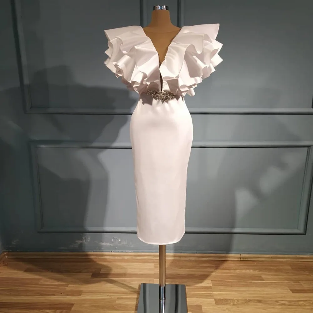 Vestido De fiesta blanco recto con volantes, 2021, faja De cristal satinado, modesto, Formal, para cóctel