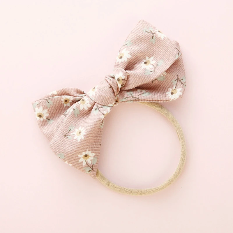 Baby Girls Bowknot Nylon Headband Newborn Elastic Flower Print Headwear Accessories Hair Ring Child Kids Hair Band Gifts