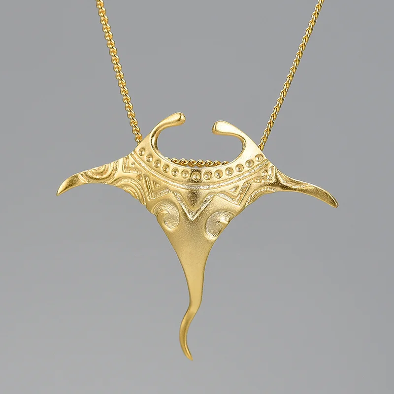 Lotus Fun Moment Vintage Real 925 Sterling Silver Manta Ray Fish Pendant 18K Gold Chains and Necklace for Women Jewelry