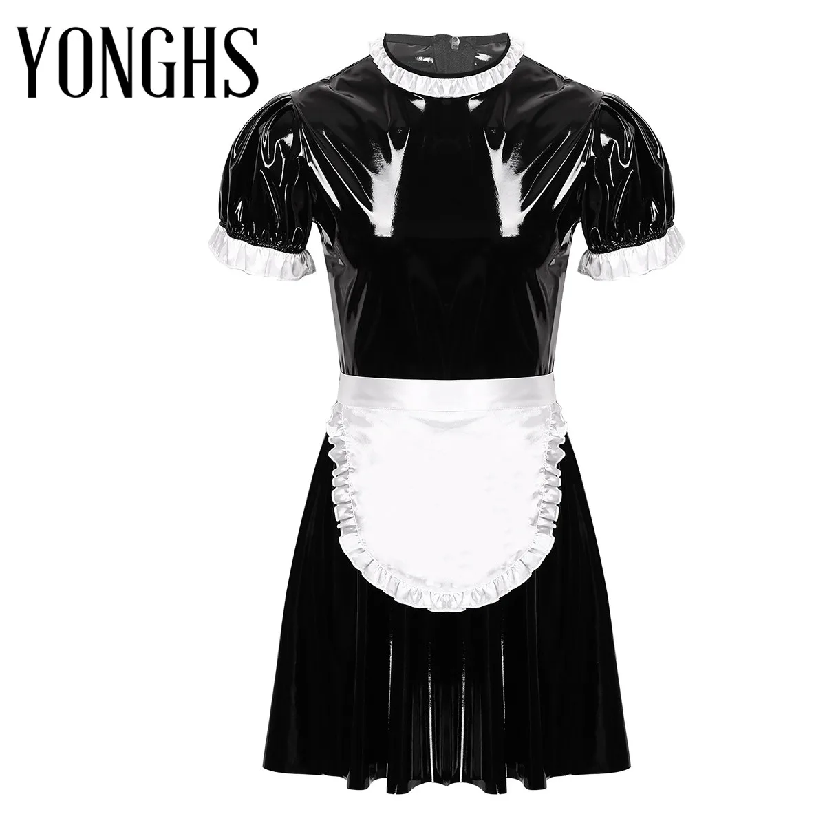 

Mens Wet Look Patent Leather Maid Servant Uniform Flared Dress with Apron Round Neck Sissy Maid Cosplay Roleplay Costume Set