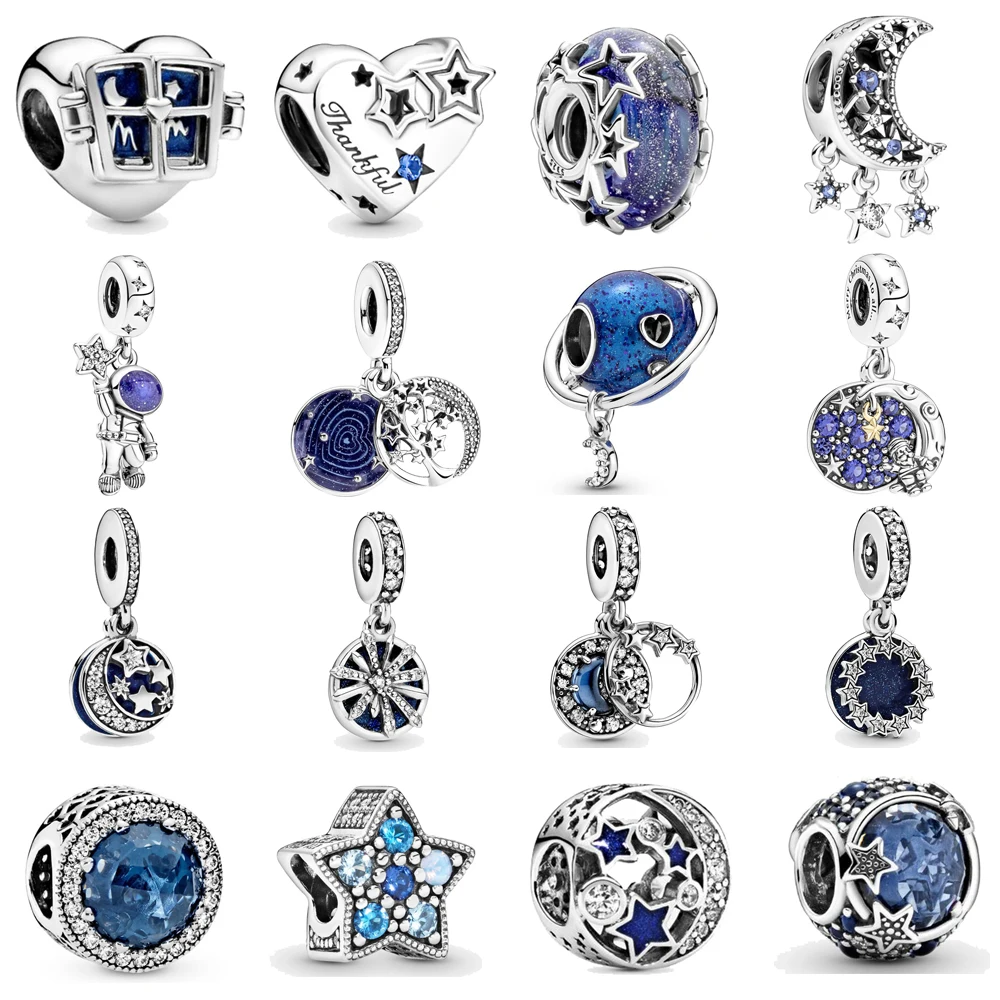 

2021 New 925 Silver Blue Astronaut Moon & Starry Sky Series Beads Fit Original Pandora Bracelets For Women DIY Jewelry Making