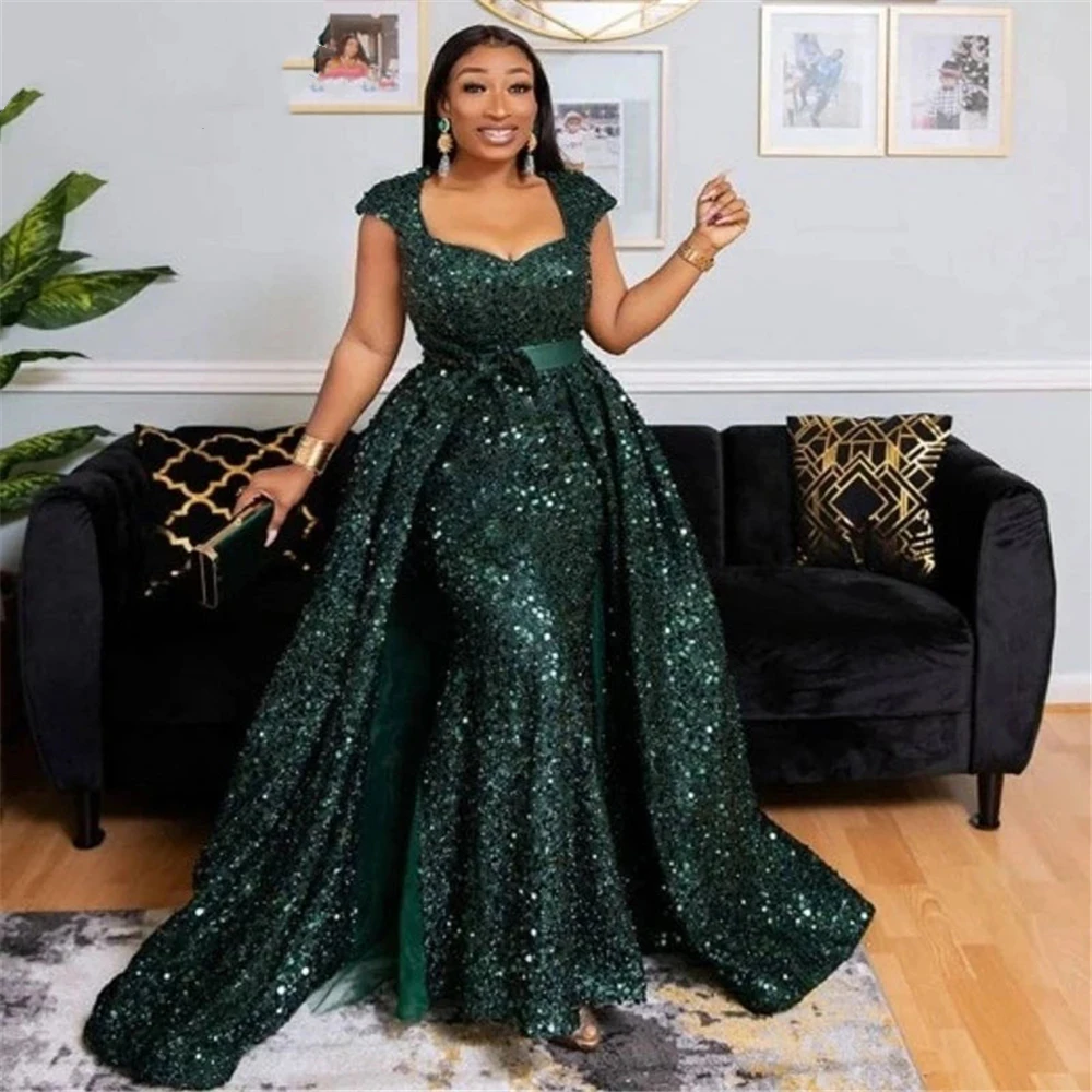 Robe De soirée De forme sirène, tenue De soirée De standing, avec traîne détachable, en paillettes, vert foncé, style arabe dubaï, 2022