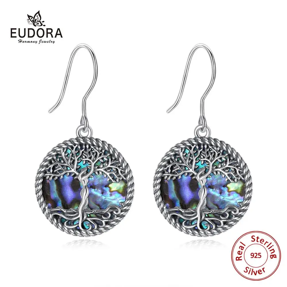 Eudora 100% 925 Sterling Silver Blue Tree of life Drop Earring mother of pearl Women Fashion earrings Jewelry Gift For girl