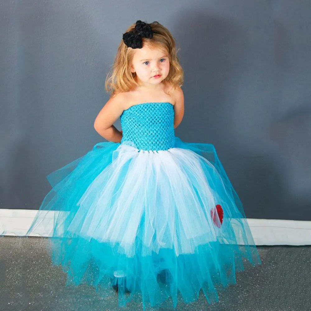 Girls Alice Tutu Dress Baby Turquoise White Tulle Dress Ball Gown with Red Heart and Hairbow Kids Cosplay Party Costume Dresses